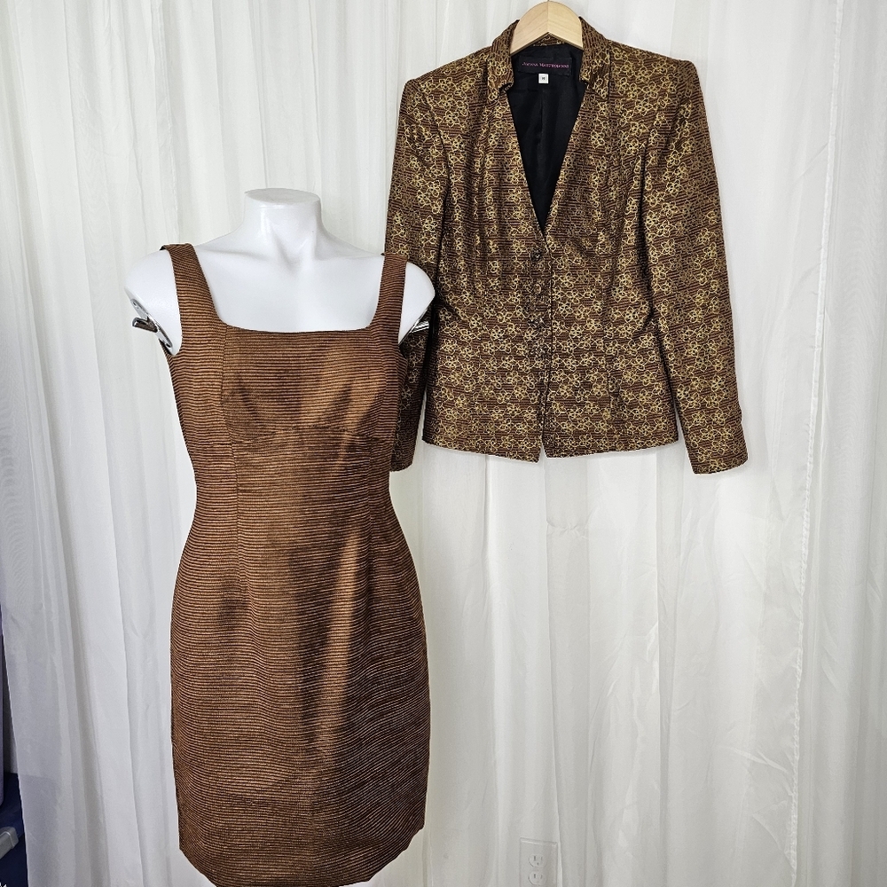Joanna Mastroianni Brown Stripe And Floral Textured Dress and Blazer Set Size 6